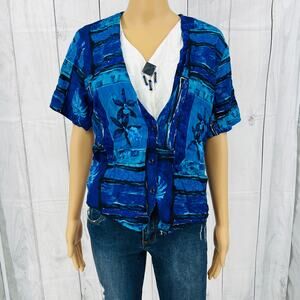 Cascais of California (L) American VINTAGE Y2K Womens Blue Floral Blouse Top